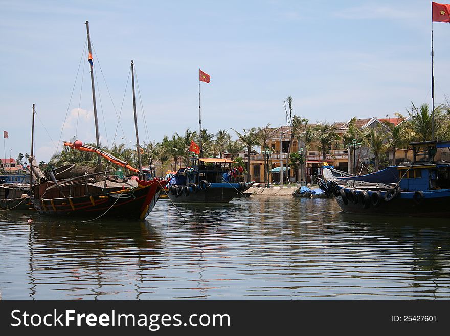 Fisherman Boats In Thu Bon River, Hoi An, Vietnam