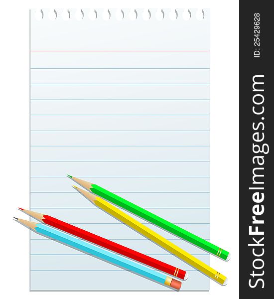 Blank notepad papper with colorful pencils