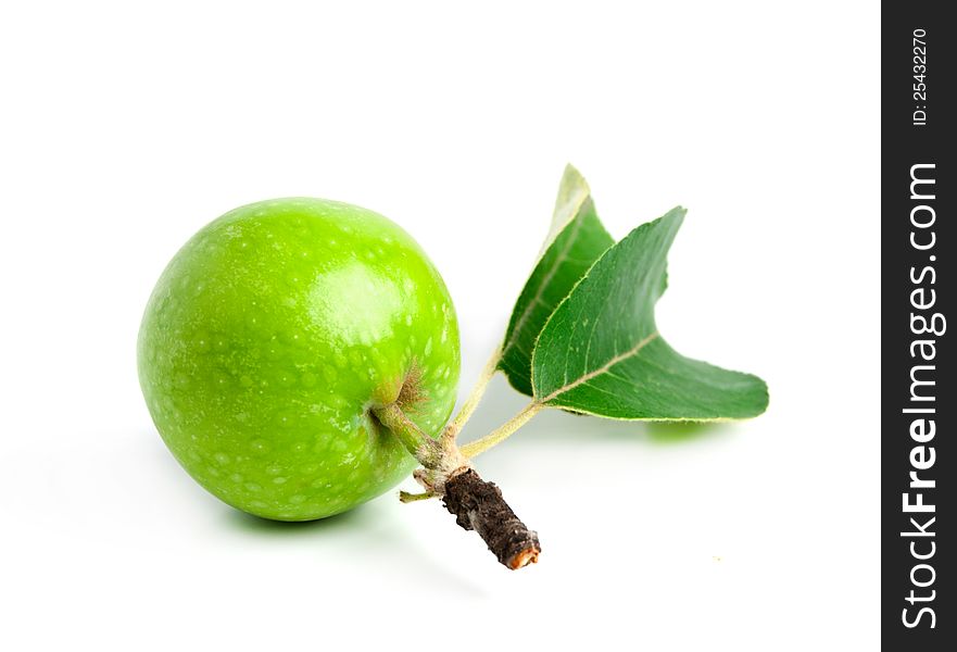 Green apple with leaves and branch on a white background