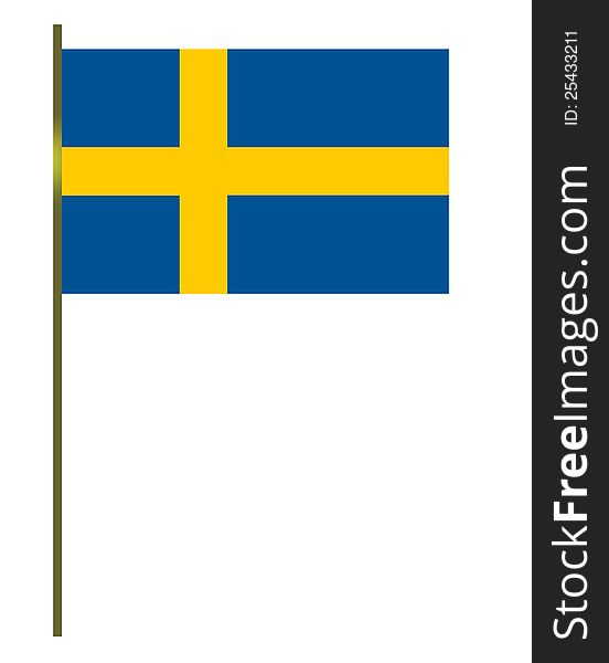 The Sweden flag, blue background with a yellow cross whit a stick
