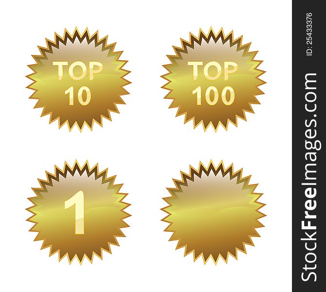Top 10, Top 100 and number 1. Blank shiny golden badge. Top 10, Top 100 and number 1. Blank shiny golden badge.