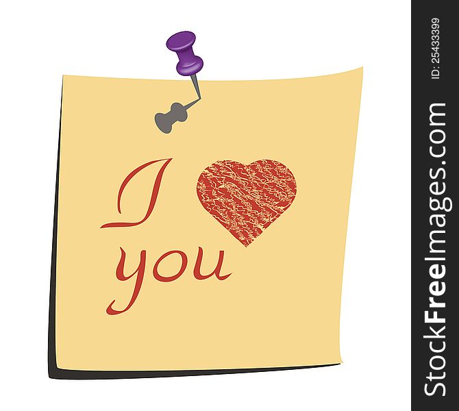 Illustration of love you paper note with heart. Illustration of love you paper note with heart