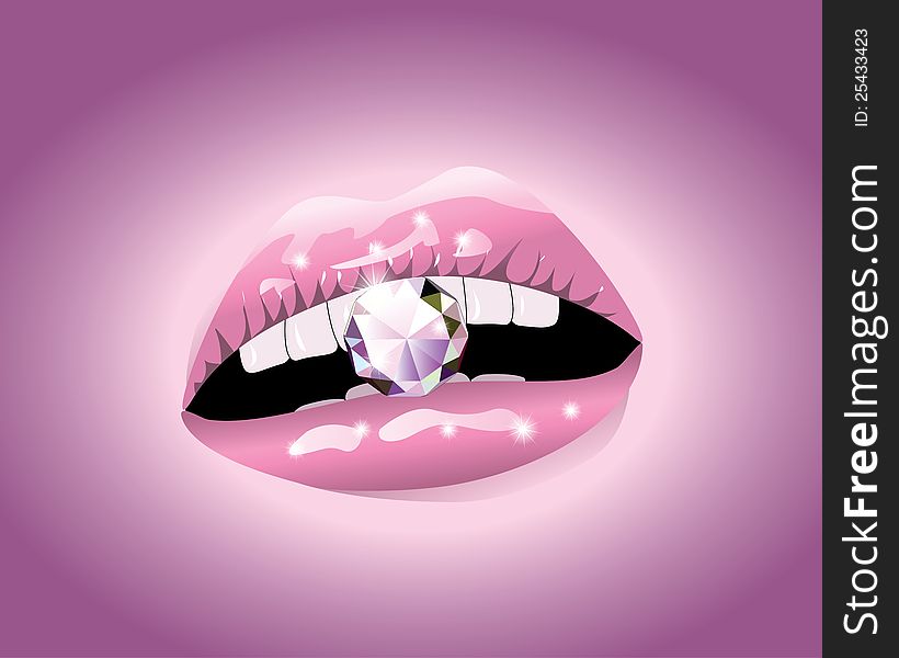 Illustration of diamond between pink lips. Illustration of diamond between pink lips