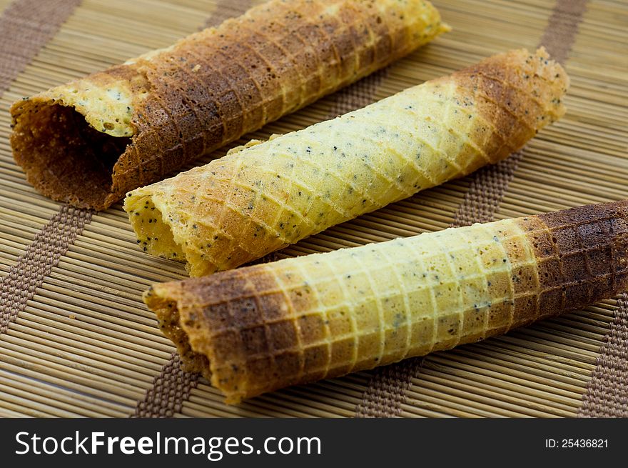 Several wafers placed on the bamboo tray.