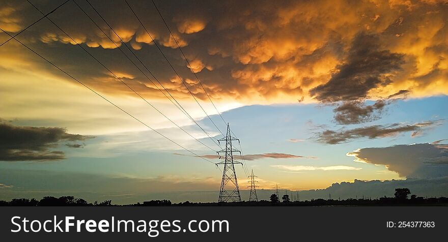 Electric Tower With Beautiful Natural Red Cloud