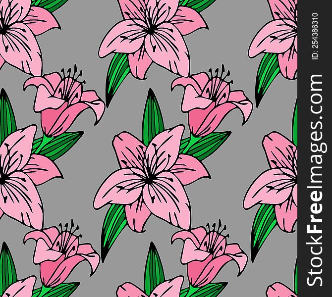 Seamless Repeating Pattern Of Large Pink Lily Flowers On A Gray Background, Texture, Design