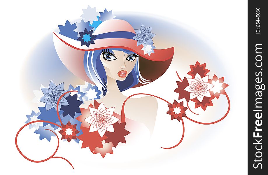 A lady in a hat, decorated with blue flowers. A lady in a hat, decorated with blue flowers