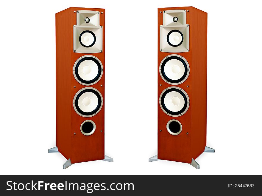 Two audio speakers in wooden case isolated on white background, musical equipment