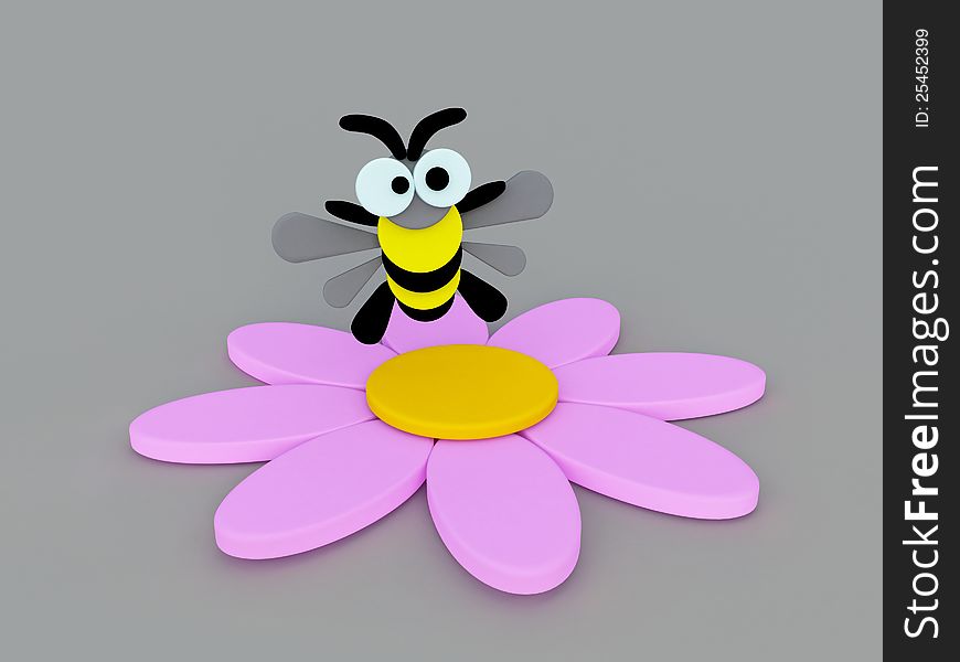 Funny bumblebee and Pink flower  on a gray background