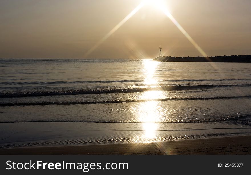 Beautiful sunrise in Scala Potamia, Thassos, Greece beach. Beautiful sunrise in Scala Potamia, Thassos, Greece beach.