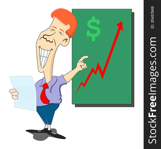 Happy businessman pointing to a chart showing rising profits