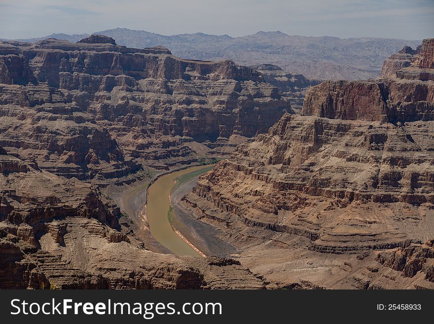The View of the Grand Canyon from the West Rim called Guano Point with Colorado River in the background. The View of the Grand Canyon from the West Rim called Guano Point with Colorado River in the background