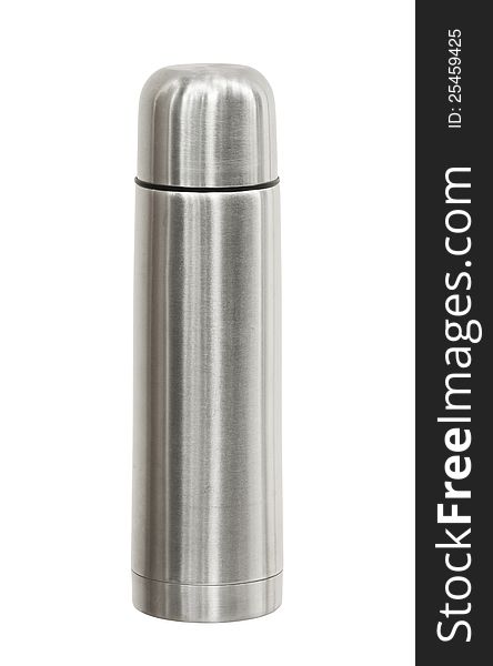 Stainless steel thermos flask isolated on white background