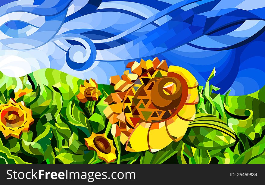 Vector illustration of abstract field with sunflowers