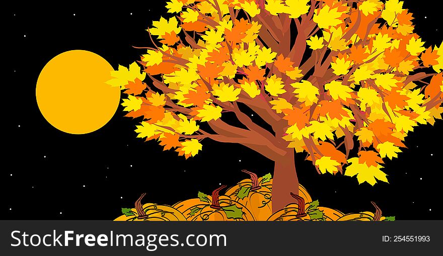 Tree With Autumn Leaves And Pumpkins At Night. Vector Illustration