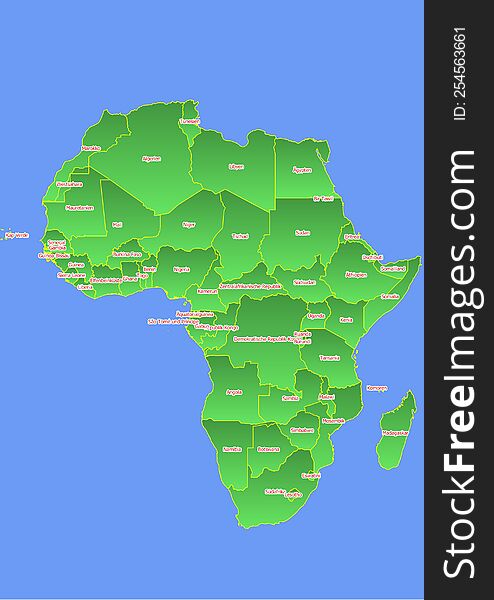 Africa map with yellow outline and green surface surrounded by blue ocean labeled with countries in German