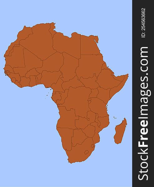 Africa map with black outline and brown surface surrounded by blue ocean