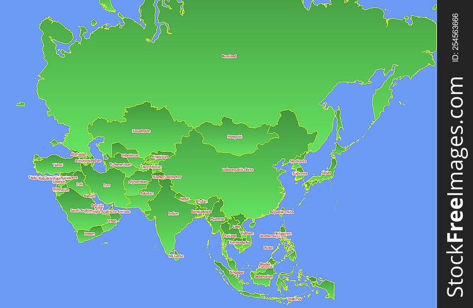 Asia map with yellow outline and green surface surrounded by blue ocean labeled with countries in German