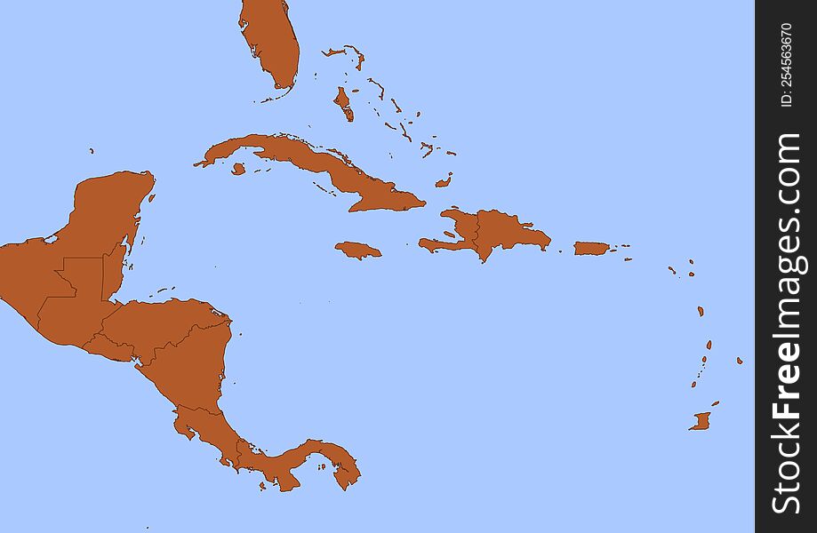Central America map with black outline and brown surface surrounded by blue ocean