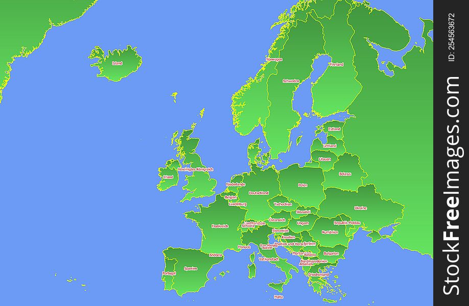 Map of Europe with yellow outline and green surface surrounded by blue ocean labeled with countries in German