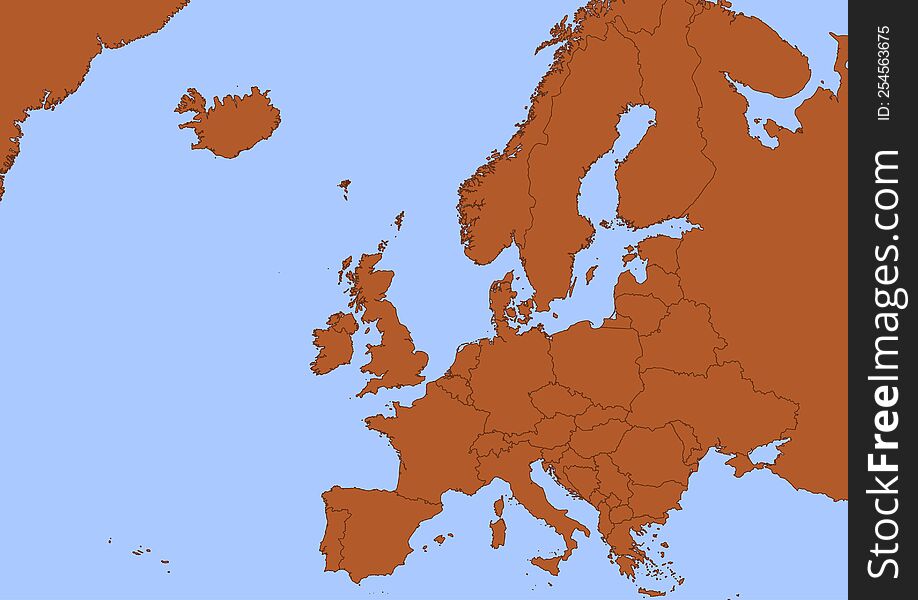 Map of Europe with black outline and brown surface surrounded by blue ocean