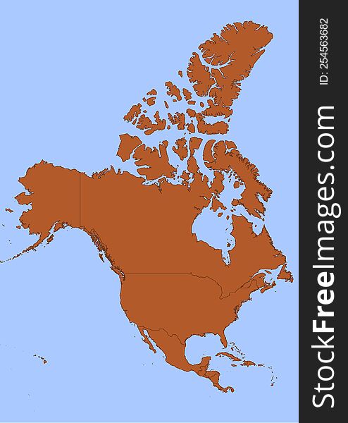 North America map with black outline and brown surface surrounded by blue ocean