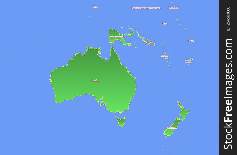 Map Of Oceania D With Yellow Outline And Green Surface Surrounded By Blue Ocean Labeled With Countries In German