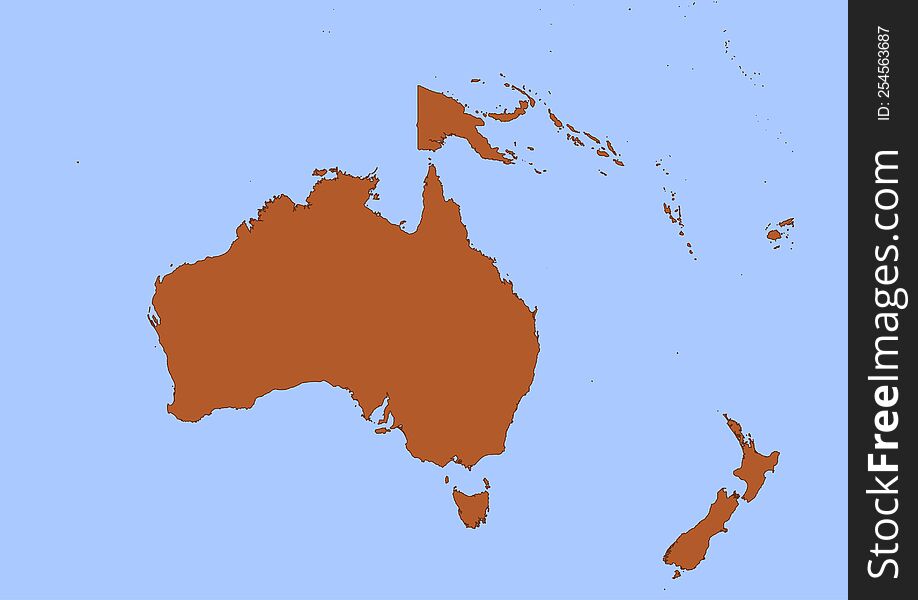Oceania map with black outline and brown surface surrounded by blue ocean