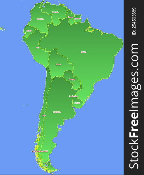 South America map with yellow outline and green surface surrounded by blue ocean labeled with countries in German