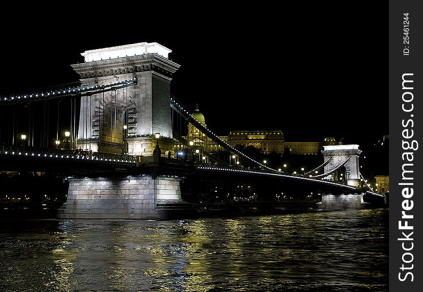 Chain Bridge - Szechenyi Lanchid on Danube River at Night, Budapest. Chain Bridge - Szechenyi Lanchid on Danube River at Night, Budapest