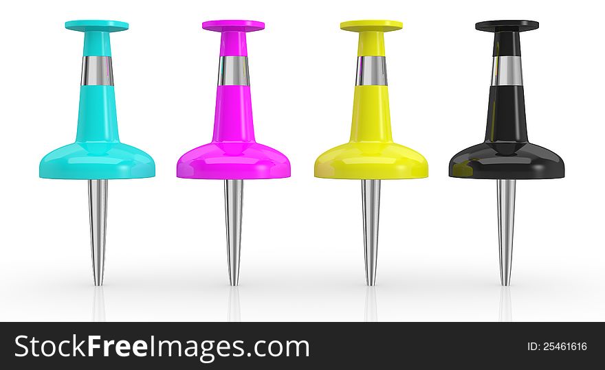 Front view of four pins with colors cyan, magenta, yellow and black, concept of cmyk color model (3d render)