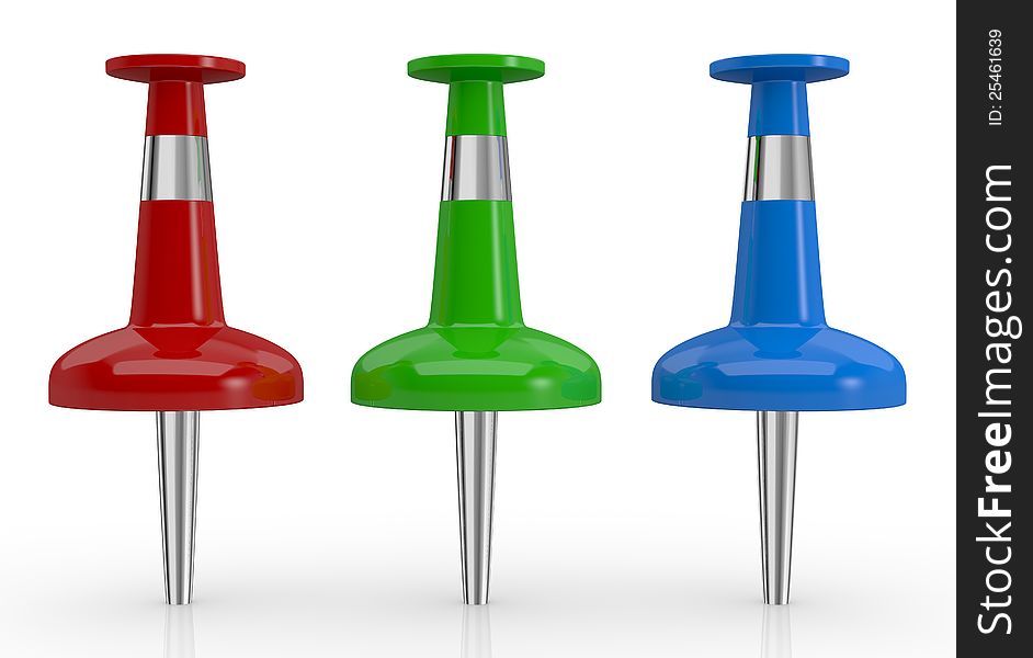 Front view of three pins on red, green and blue colors, concept of rgb (3d render). Front view of three pins on red, green and blue colors, concept of rgb (3d render)