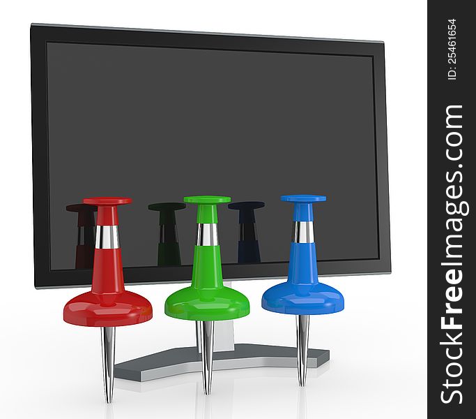 One computer monitor with three pins on red, green and blue colors, concept of rgb (3d render). One computer monitor with three pins on red, green and blue colors, concept of rgb (3d render)