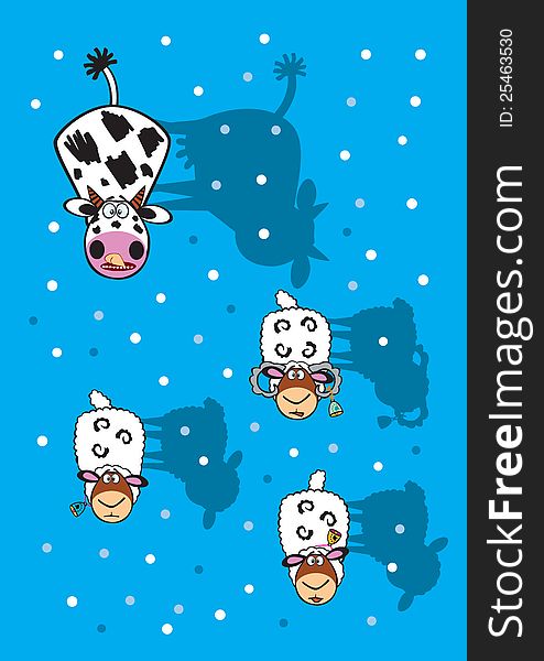 cow and sheep,cartoon,winter,vector picture on blue background,children illustration. cow and sheep,cartoon,winter,vector picture on blue background,children illustration