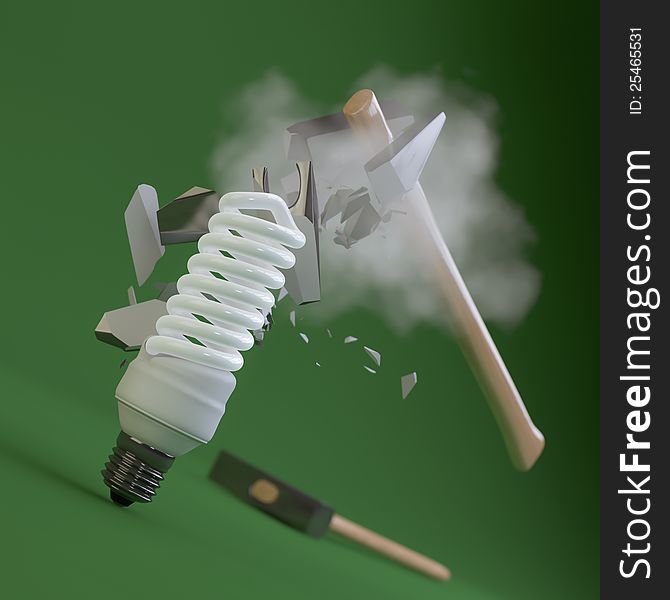 3D Render of a crashing hammer on an indestructible fluorescent light bulb