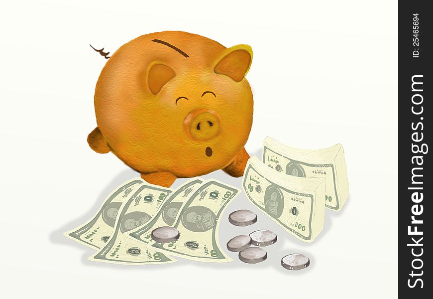 Hand drawing of Piggy Bank with money