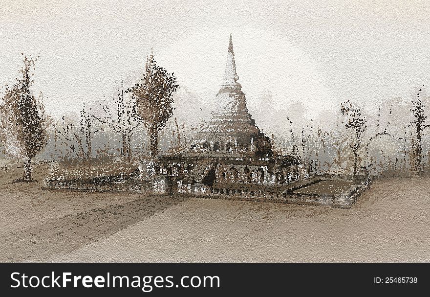 Thai Temple Wat Chang Lom
Hand drawing of  Thai Temple is the World Heritage in The Sukhothai Historical Park
Nowaday it is one of a popular tourism attractions of Thailand.