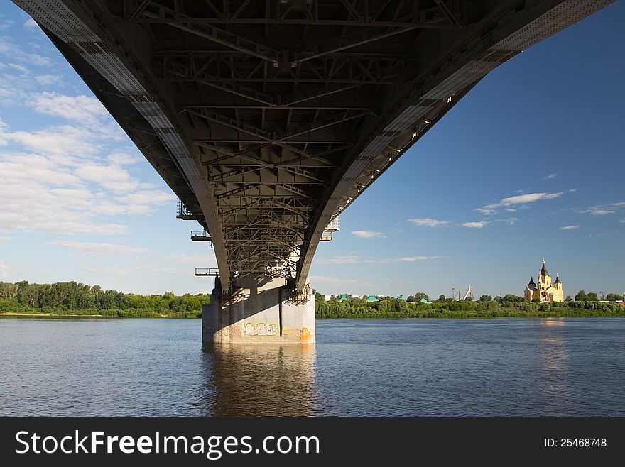 Bridge in Nizhniy Novgorod, Volga river and Alexander Nevsky Cathedral