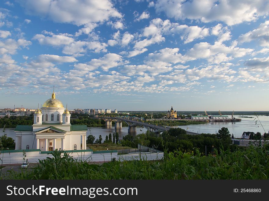 The Annunciation monastery in Nizhny Novgorod, the river Oka, subway bridge