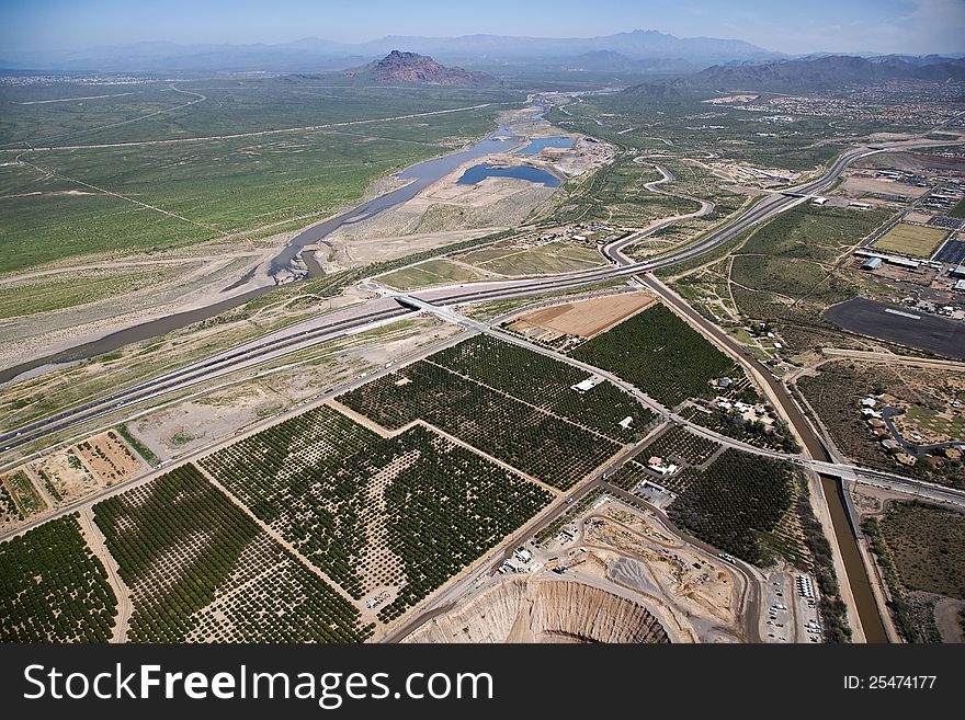 Aerial view of citrus trees and the Salt River in East Mesa, Arizona