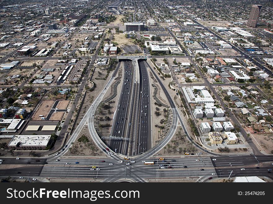 Aerial view of Interstate 10 at the deck park tunnel in Phoenix, Arizona