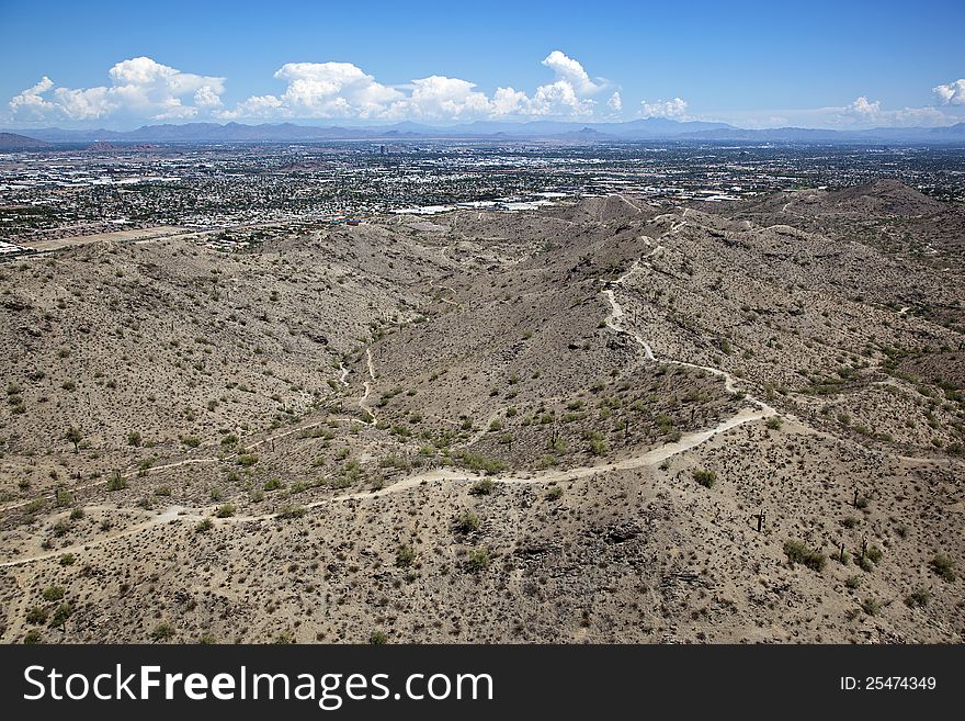 Hiking trails from above South Mountain Park in Phoenix, Arizona