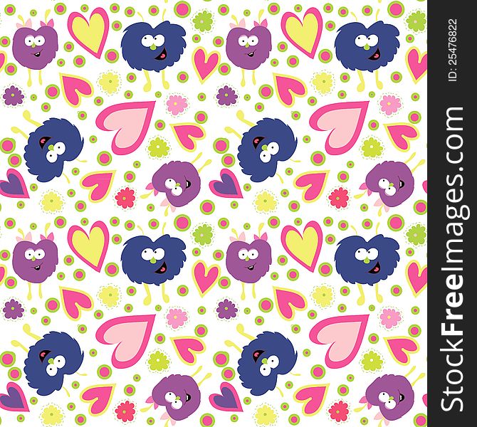 Fun vector seamless background with monsters and hearts. Fun vector seamless background with monsters and hearts