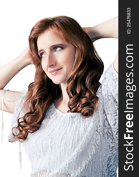 Portrait of red-haired girl on white background