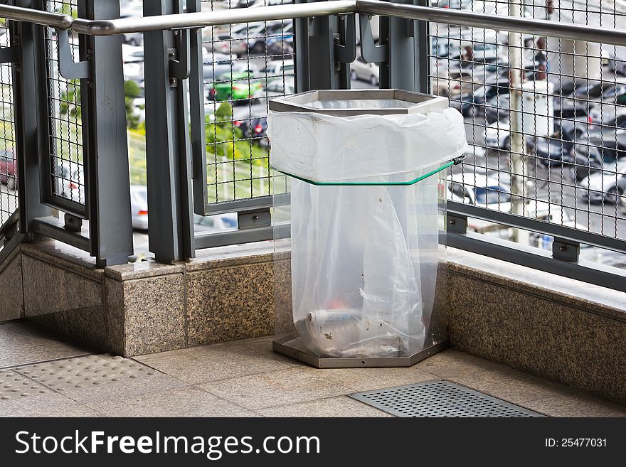 Trash can or garbage bin made of transparency plastic, used in city or crowded area for safety purpose. Trash can or garbage bin made of transparency plastic, used in city or crowded area for safety purpose