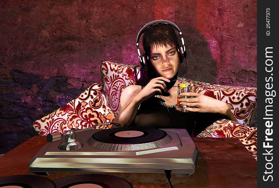 Young attractive woman leaned on a sofa, a drink glass in the hand, listening to music with earphones. Young attractive woman leaned on a sofa, a drink glass in the hand, listening to music with earphones.