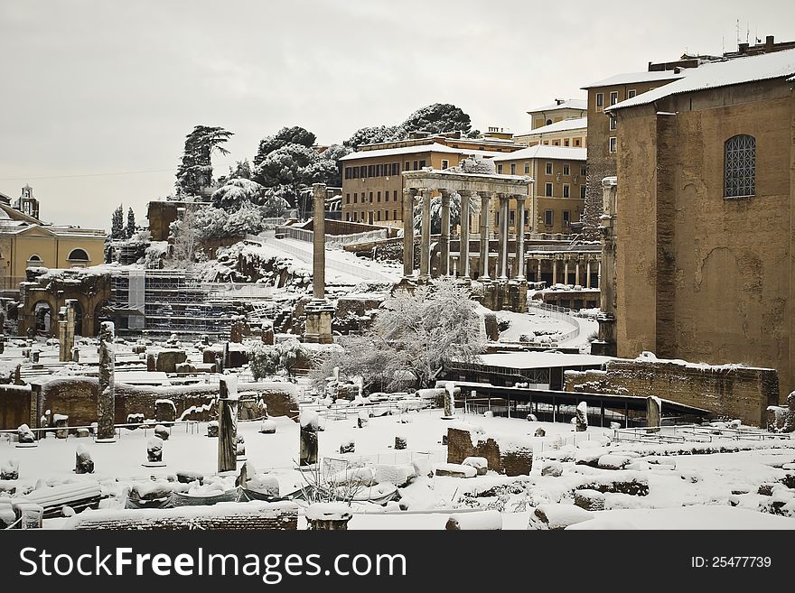 Rome, Fori Imperiali under snow
