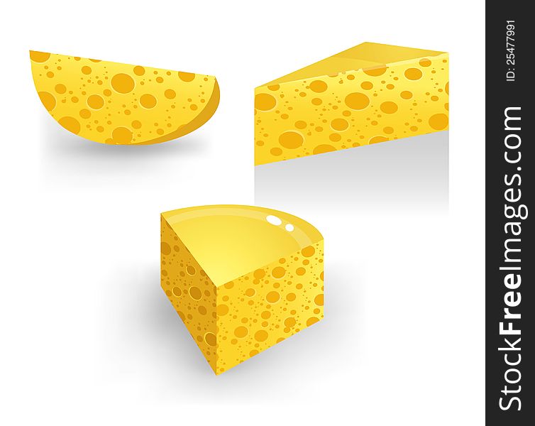 Three slices of cheese on a white background. Three slices of cheese on a white background