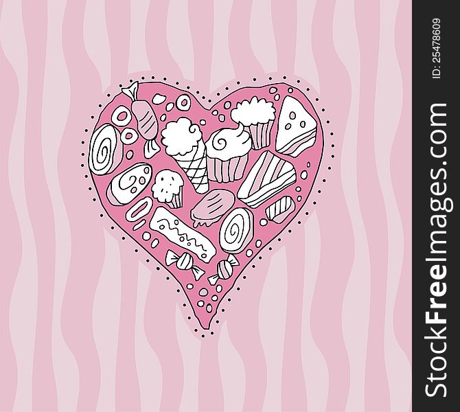 Doodle heart background with cookies and sweets