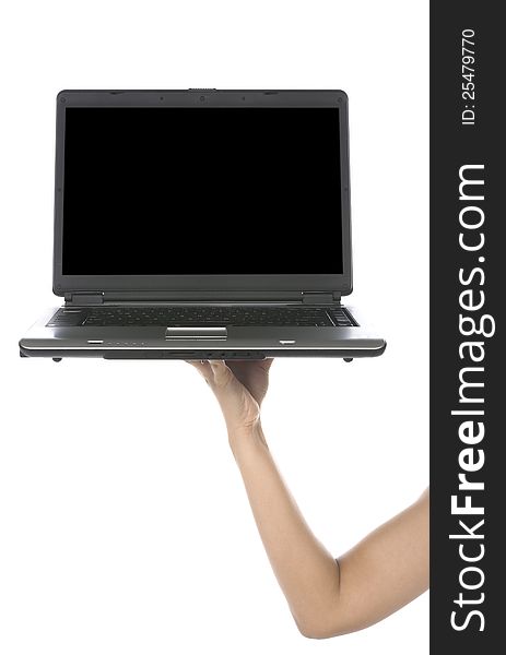 Black laptop hold by woman hand isolated over white background. Black laptop hold by woman hand isolated over white background